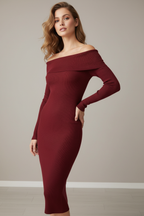 Kadın Kırmızı Madonna Yaka Uzun Elbise