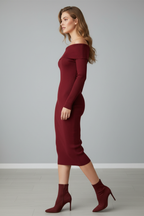 Kadın Kırmızı Madonna Yaka Uzun Elbise