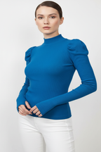 Balıkçı Yaka Parmak Geçmeli Kaşkorse Prenses Kol Bluz - Saks Mavi