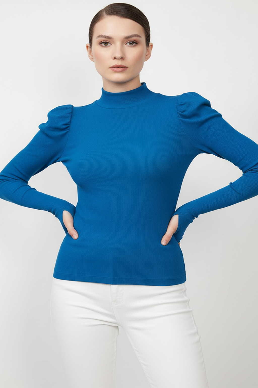Balıkçı Yaka Parmak Geçmeli Kaşkorse Prenses Kol Bluz - Saks Mavi