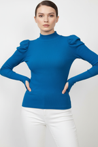 Balıkçı Yaka Parmak Geçmeli Kaşkorse Prenses Kol Bluz - Saks Mavi
