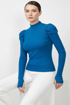 Balıkçı Yaka Parmak Geçmeli Kaşkorse Prenses Kol Bluz - Saks Mavi