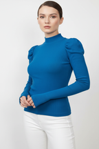 Balıkçı Yaka Parmak Geçmeli Kaşkorse Prenses Kol Bluz - Saks Mavi