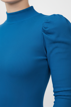 Balıkçı Yaka Parmak Geçmeli Kaşkorse Prenses Kol Bluz - Saks Mavi