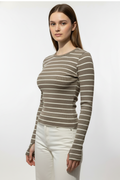 Kadın Çizgili Parmak Geçmeli Bluz - Kahverengi