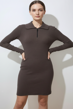 Kadın Kahverengi Önü Fermuarlı Kısa Elbise