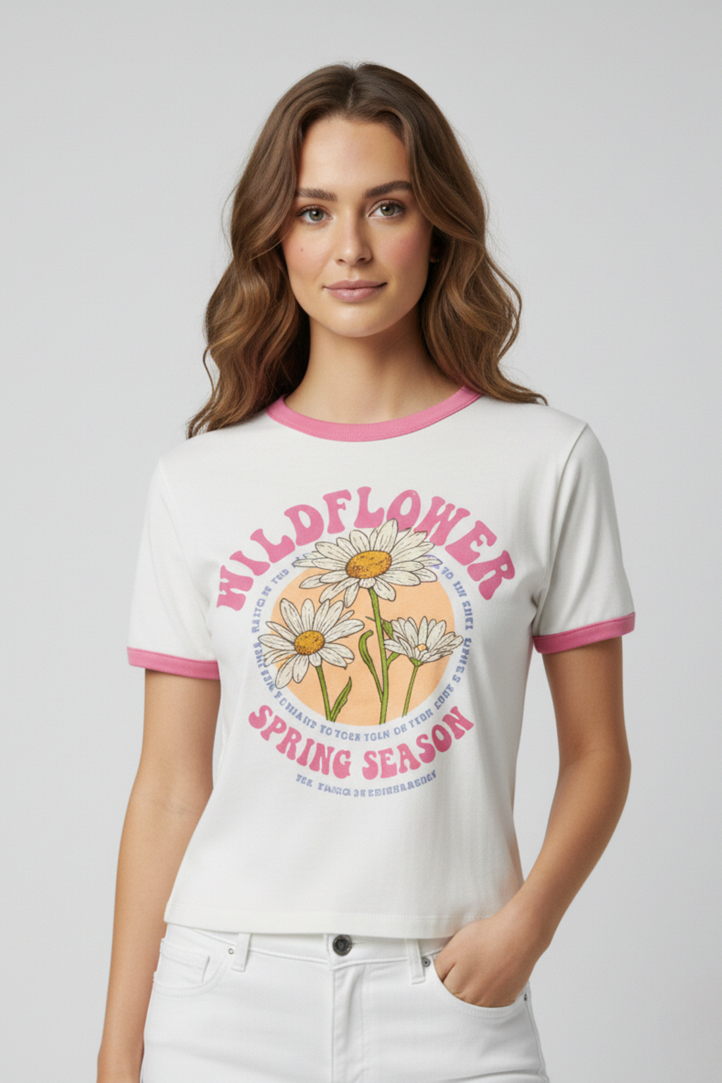 Beyaz Çiçek Baskılı Pembe Ribana Detaylı Kadın Tişört