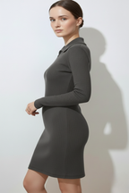 Kadın Fermuarlı Polo Yaka Gri Elbise
