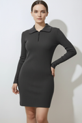 Kadın Fermuarlı Polo Yaka Gri Elbise