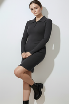 Kadın Fermuarlı Polo Yaka Gri Elbise