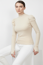 Balıkçı Yaka Parmak Geçmeli Kaşkorse Prenses Kol Bluz - Bej