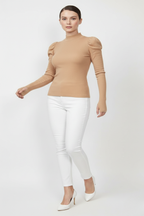 Balıkçı Yaka Parmak Geçmeli Kaşkorse Prenses Kol Bluz - Camel