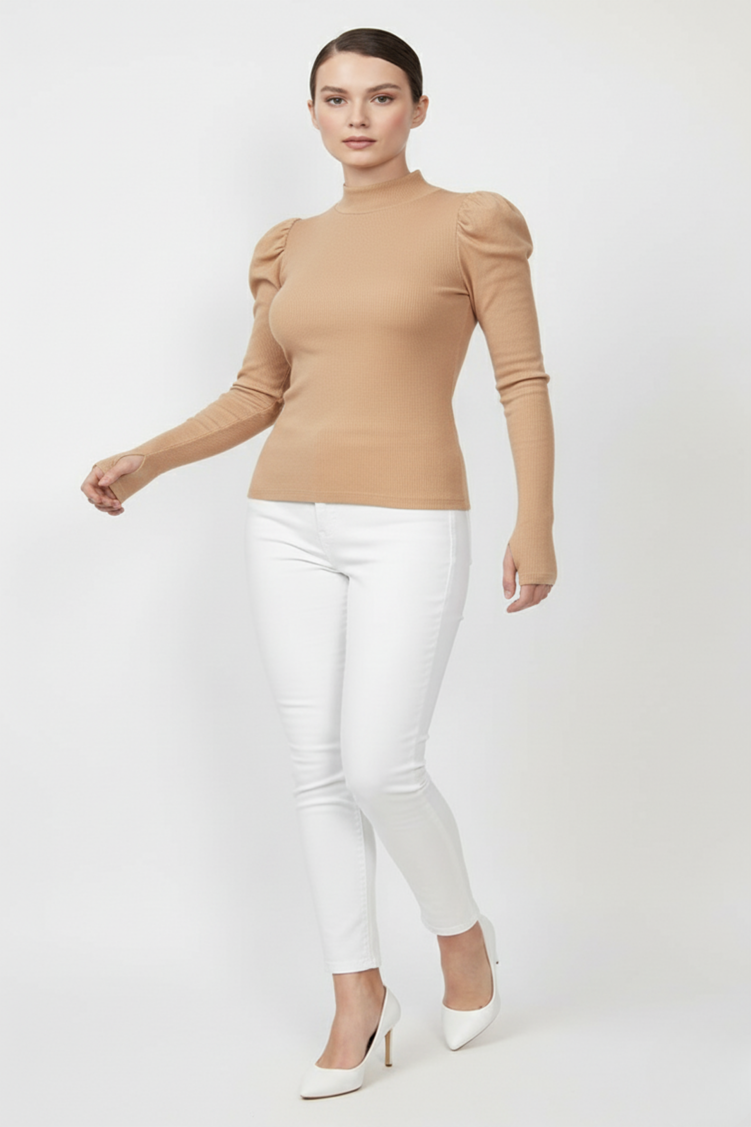 Balıkçı Yaka Parmak Geçmeli Kaşkorse Prenses Kol Bluz - Camel