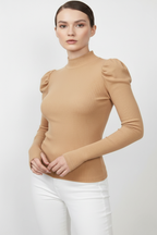 Balıkçı Yaka Parmak Geçmeli Kaşkorse Prenses Kol Bluz - Camel