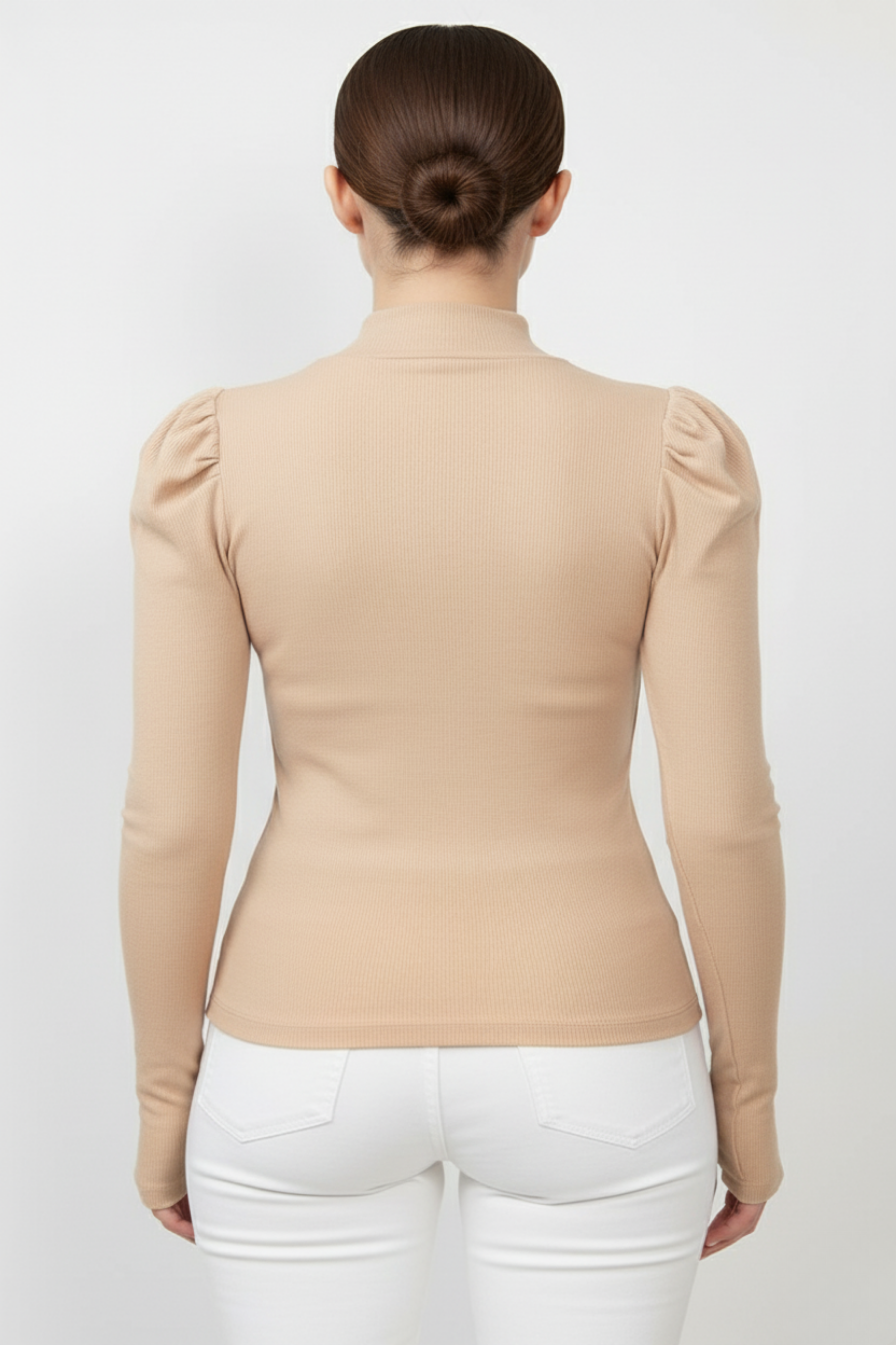 Balıkçı Yaka Parmak Geçmeli Kaşkorse Prenses Kol Bluz - Camel