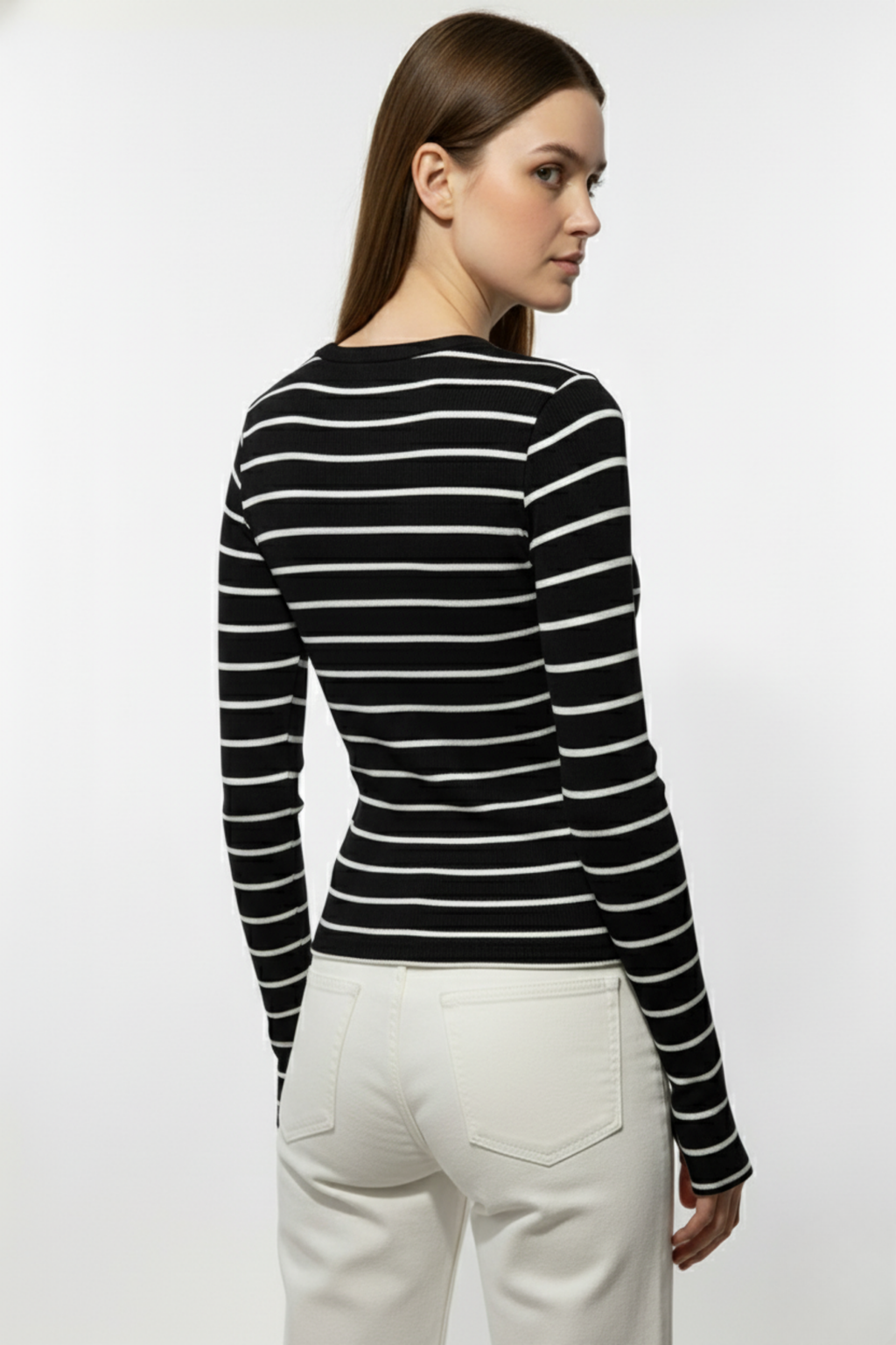 Kadın Siyah Çizgili Parmak Geçmeli Bluz