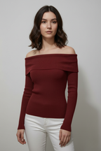 Kadın Madonna Yaka Şardonlu Kırmızı  Bluz