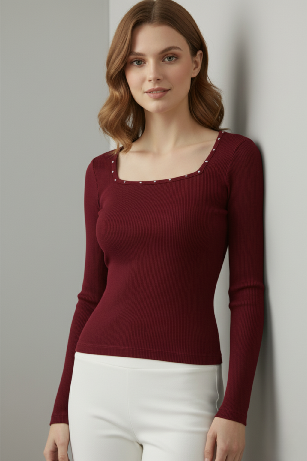 Kare Yaka İnci Çakmalı Fitilli Kaşkorse Bluz - Bordo