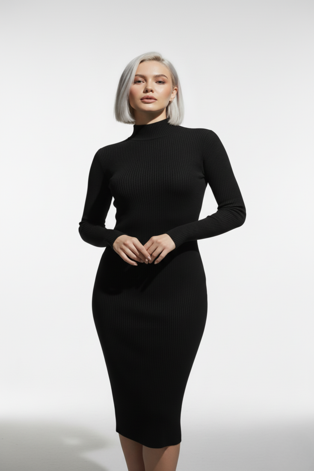 Kadın Balıkçı Yaka Siyah Uzun Elbise