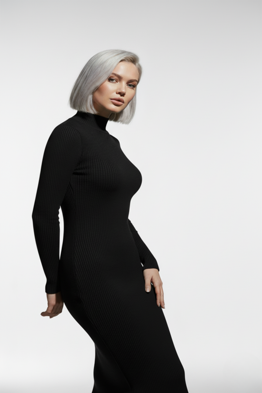 Kadın Balıkçı Yaka Siyah Uzun Elbise