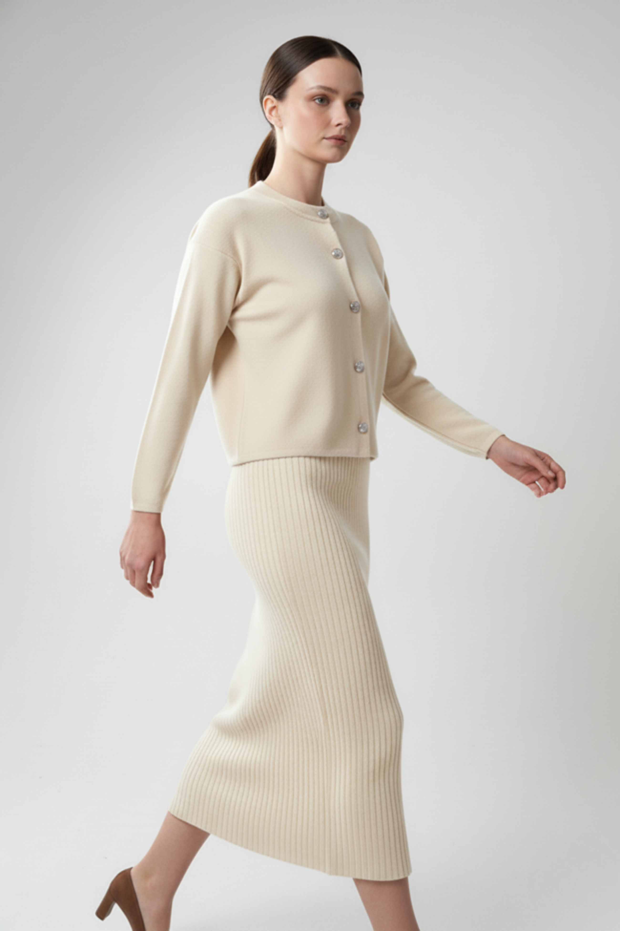 Kadın Hırka Elbise İkili Takım - Krem