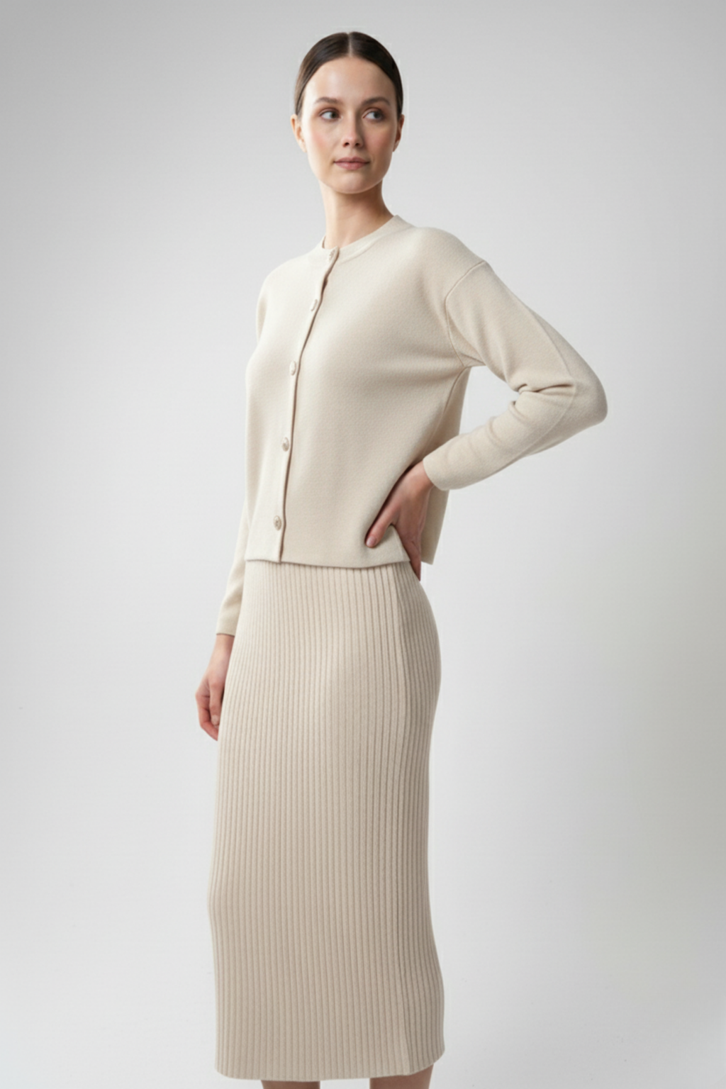 Kadın Hırka Elbise İkili Takım - Krem