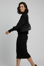 Triko Siyah Kazak ve Fitilli Elbise İkili Takım