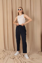 Beli Lastikli Düz Kadın Lacivert Pantolon