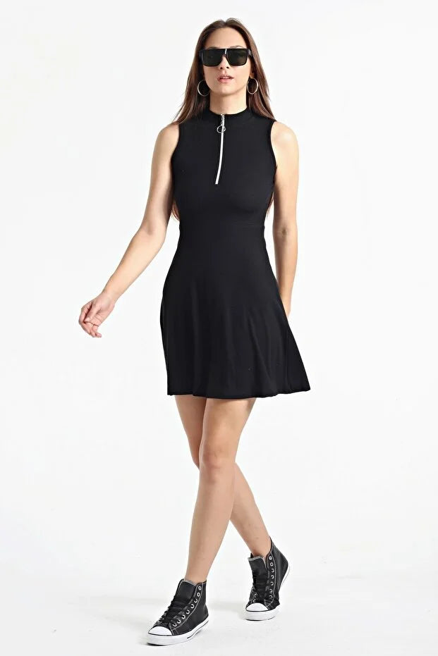 Kadın Siyah Yaka Fermuarlı Kolsuz Kaşkorse Elbise