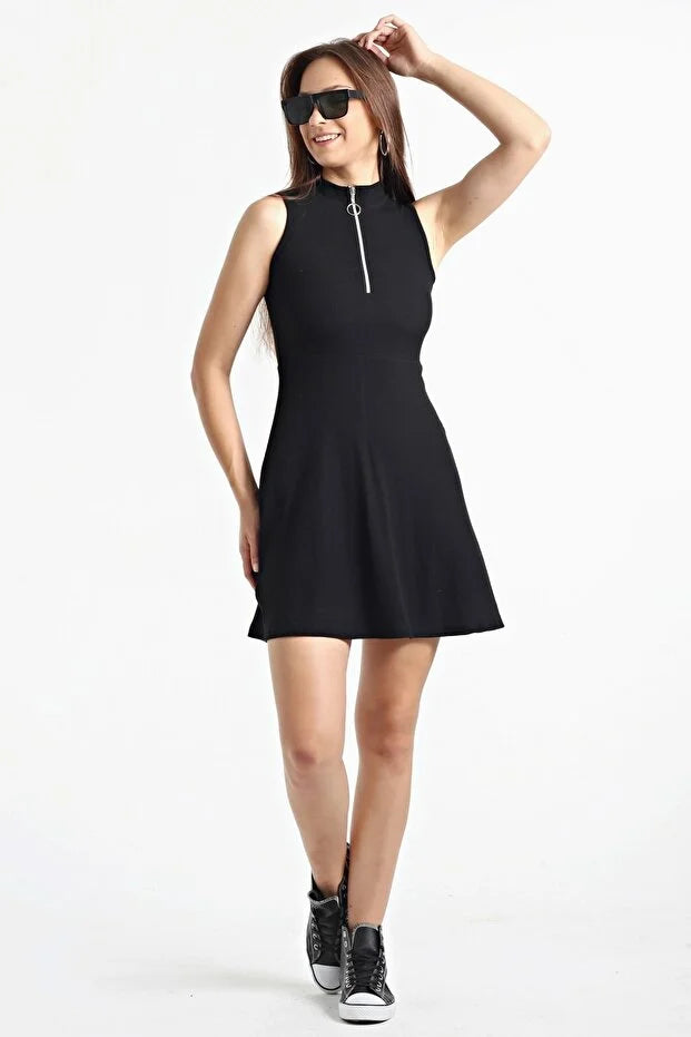 Kadın Siyah Yaka Fermuarlı Kolsuz Kaşkorse Elbise