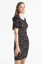 Kadın Siyah Balon Kol Kare Yaka Elbise