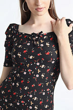 Kadın Siyah Balon Kol Kare Yaka Elbise