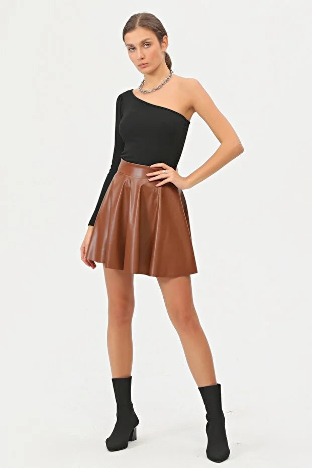 Kadın Mini Kloş Taba Renkli Suni Deri Etek