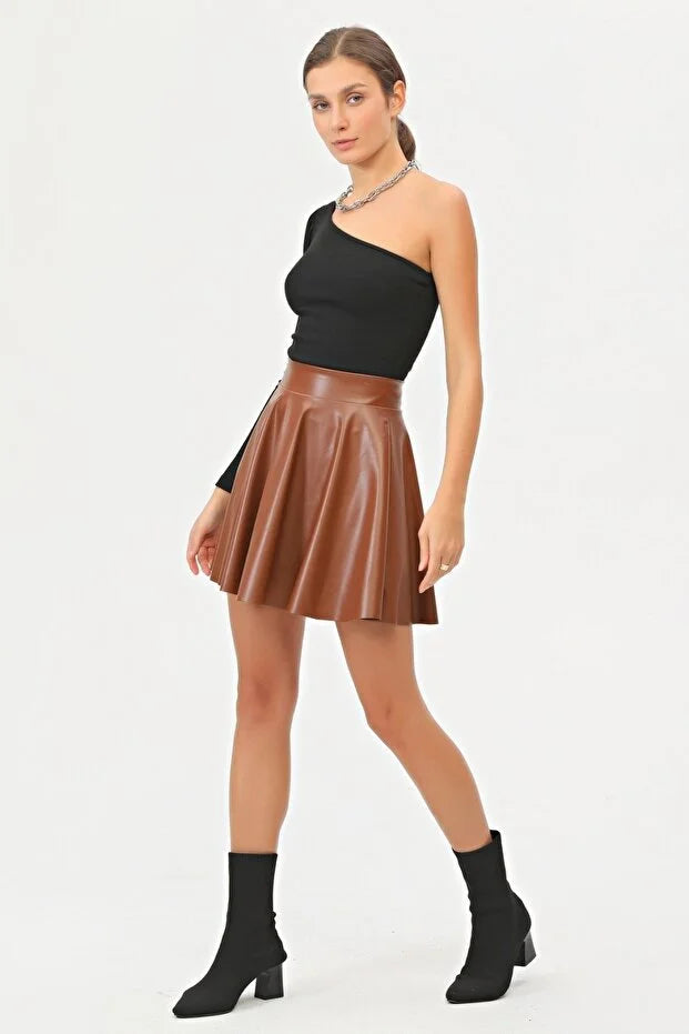 Kadın Mini Kloş Taba Renkli Suni Deri Etek