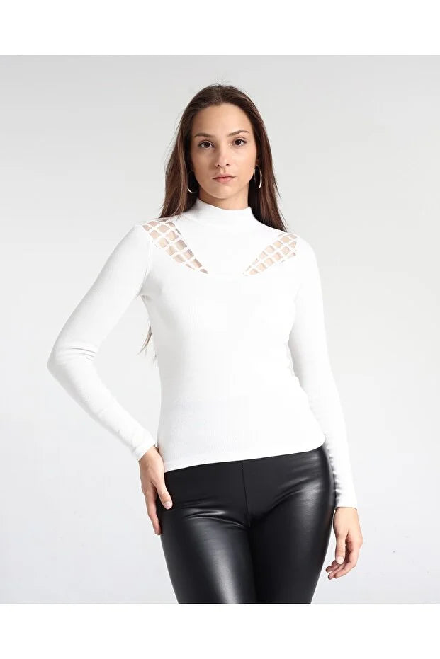 Kadın Desenli Dantel Detaylı Likralı Bluz