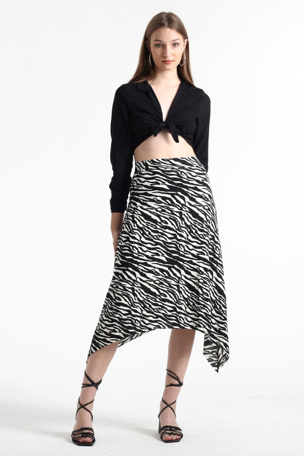 Kadın Belden Oturmalı Çizgili Krep Etek