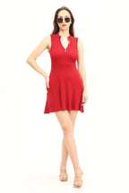 Kadın Bordo Renkli Kolsuz Yaka Fermuarlı Örme Elbise