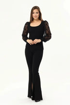 Kadın Siyah Kollar Dantel U Yaka Bluz