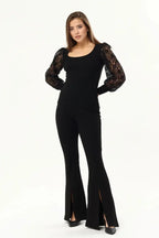 Kadın Siyah Kollar Dantel U Yaka Bluz