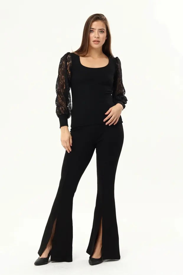 Kadın Siyah Kollar Dantel U Yaka Bluz