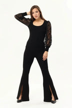 Kadın Siyah Kollar Dantel U Yaka Bluz