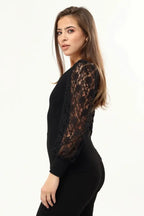 Kadın Siyah Kollar Dantel U Yaka Bluz