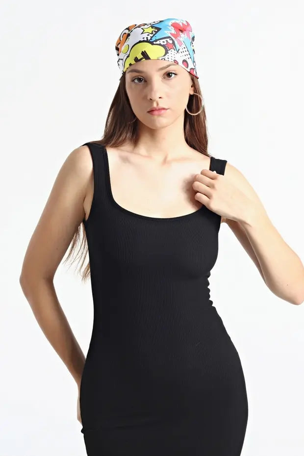 Kadın Siyah  Kare Yaka Yırtmaçlı Kaşkorse Elbise