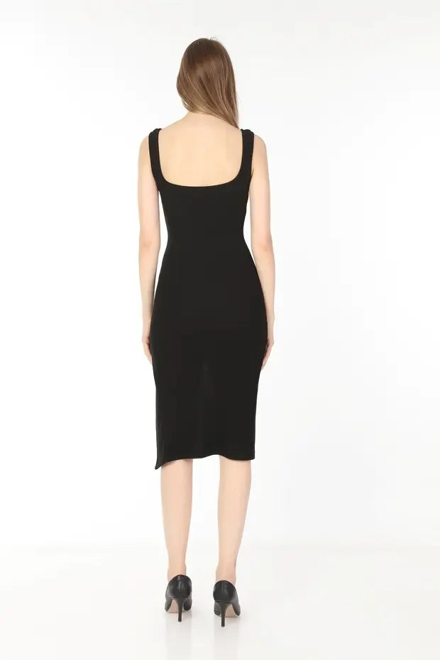 Kadın Siyah  Kare Yaka Yırtmaçlı Kaşkorse Elbise