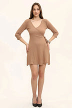 Kadın Açık Kahve Renkli Belden Bağlamalı Örme Kruvaze Elbise