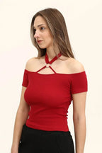 Kadın Bordo Renkli Ön Ve Arka Madonna Yaka Boyun Halkalı Örme Bluz