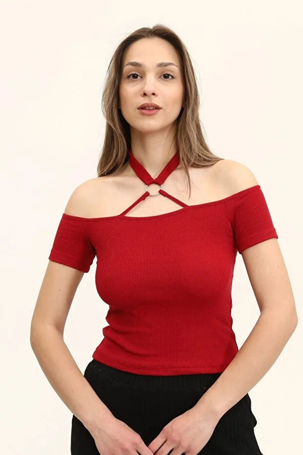 Kadın Bordo Renkli Ön Ve Arka Madonna Yaka Boyun Halkalı Örme Bluz