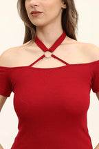 Kadın Bordo Renkli Ön Ve Arka Madonna Yaka Boyun Halkalı Örme Bluz