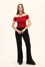 Kadın Bordo Renkli Ön Ve Arka Madonna Yaka Boyun Halkalı Örme Bluz