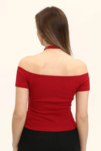 Kadın Bordo Renkli Ön Ve Arka Madonna Yaka Boyun Halkalı Örme Bluz